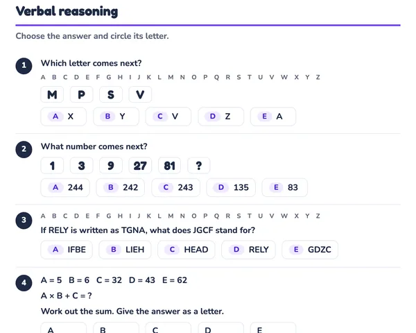 The first sample questions: a letter series, a number series and a letter code, each with five options.