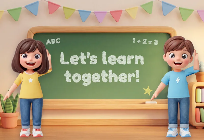 Luna and Leo, the two companions, waving either side of a chalkboard that says “Let's learn together!”